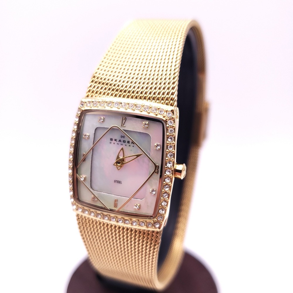 Skagen Watch Womens Gold Tone Mother of Pearl Crystal Bevel Mesh Square Analog
